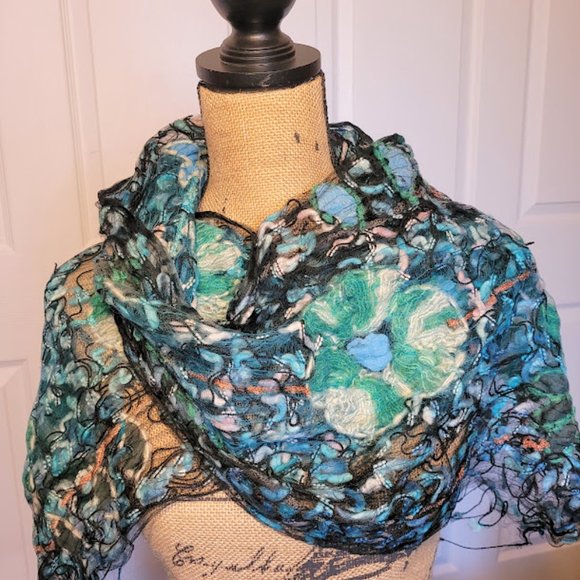 Accessories - Art To Wear Silk Wool Felted Fiber Abstract Floral Blue Green Scarf Wrap Shrug